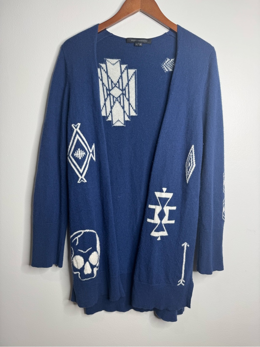 Skull Cashmere Navy Blue White Aztec Skull Open Longline Cardigan Sweater Small